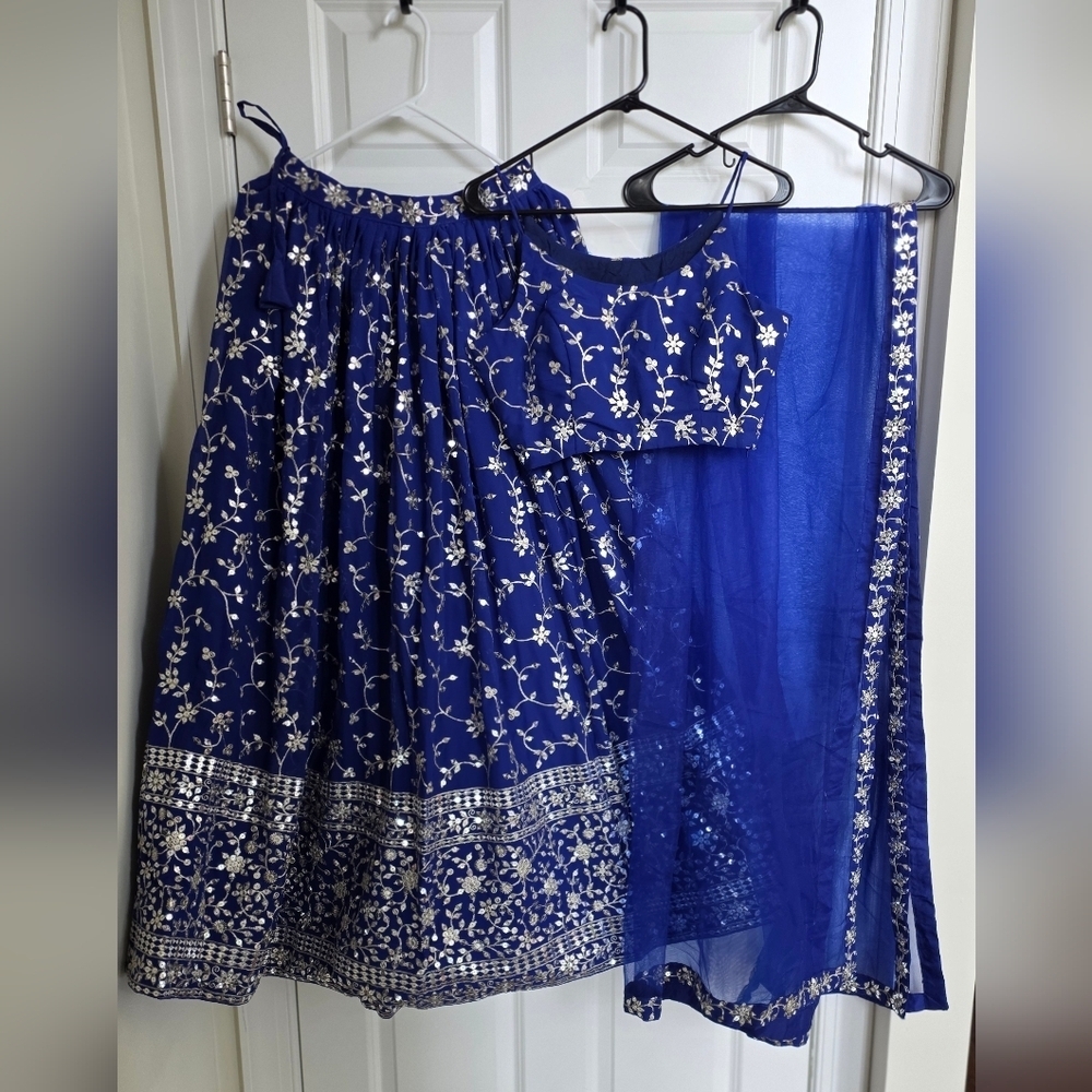 Blue Sequence With Silver Embroidery Work Georgette Lehenga Choli - Picture 4 of 13